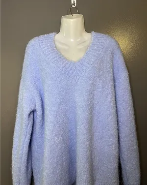 Aerie Sweater Womens Medium Blue Fuzzy Chunky Knit V Neck Pullover Cozy Soft thumbnail 1