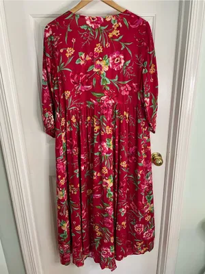 April Cornell Red Floral V Neck Milkweed Dress with Green Accents Size Medium thumbnail 7