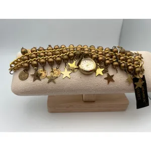 Vintage Enmex‎ Quartz Charm Bracelet Watch – Gold Tone Stars & Coins Boho thumbnail 3