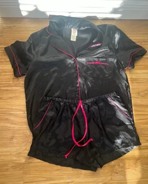 black satin short-sleeve pajama set with hot pink contrast piping thumbnail 1