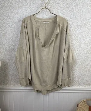 We The Free Beige Oversized Owen Thermal V-Neck Long Sleeve Top - Size - Medium thumbnail 1