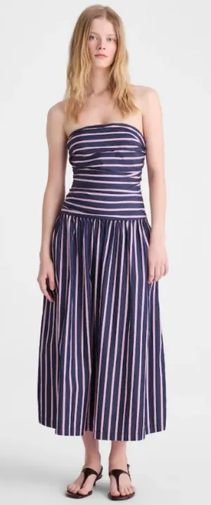 Madewell Strapless Ruched Midi Dress Poplin Striped‎ 100% Cotton Indigo Size 10 thumbnail 1