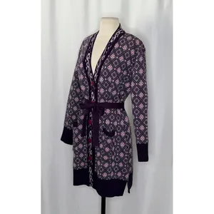 COSY WOOL‎ by Elson Purple Geometric Cardigan Sweater Belted Tie Waist Size 38 thumbnail 6