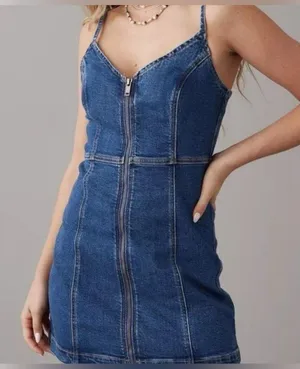 American Eagle Denim Stretch Mini Dress Zip Front Womens M Preppy Western Casual thumbnail 5