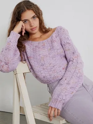 Free People Womens Sunset Cloud Pullover Sweater Purple Chunky Knit Crop Top thumbnail 1