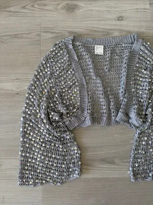 Y2K Silver Sequin Open Knit Crochet Bolero Shrug Crop Cardigan Bell Sleeve thumbnail 3