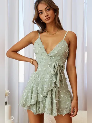 Selfie Leslie Sheri Embellished Chiffon Olive Wrap Mini Dress Medium New NWT thumbnail 3