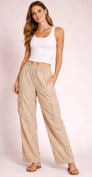 Aerie Tan Khaki Wide Leg Cargo Pants‎ High Rise Elastic Waist Womens Size Large thumbnail 1