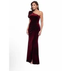 Xscape Burgundy Wine Ruffle One-Shoulder Velvet Gown Size 8 $258 NEW thumbnail 16