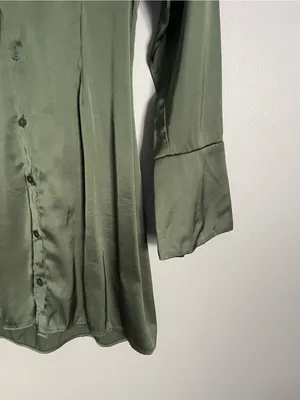ABERCROMBIE & FITCH Olive Green Satin Button-Front Long Sleeve Mini Dress Sz XS thumbnail 4