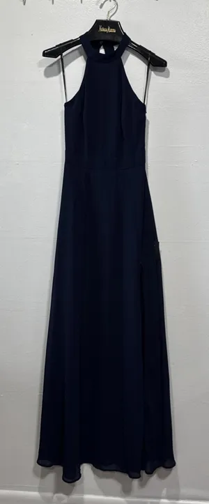 Lulus Navy Blue Chiffon Maxi Dress Halter Open Back Womens XS Bridesmaid Evening thumbnail 1