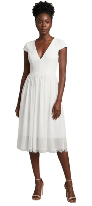 Dress The Population White V-Neck Cap Sleeve Lace Hem Midi Dress Size Large thumbnail 1