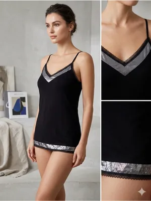 Victoria's Secret Black Lace Trim Cami Tank Top Silver Shimmer Metallic Hem L thumbnail 2