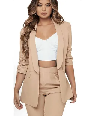 SweatyRocks NEW Tan 2 Pc Ruched Sleeve Blazer & Pant Career Suit Set M thumbnail 5