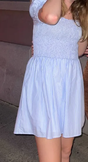 Boutique blue and white striped smocked mini dress thumbnail 3