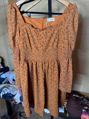 NWOT T.B.F.O Rust Orange Ditsy Floral Smocked Mini Dress Size Medium thumbnail 3