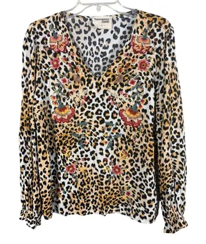Savanna Jane Leopard Floral Embroidered Blouse Womens L Tan Black Excellent Boho thumbnail 1