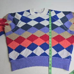 Free People Argyle Knit Sweater Blue Red Purple Diamond Pullover Small OB1255551 thumbnail 7