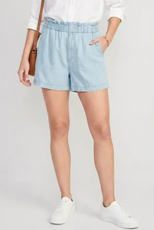 JANE + DELANCEY | Light Blue Chambray Paperbag Shorts Sz S thumbnail 1