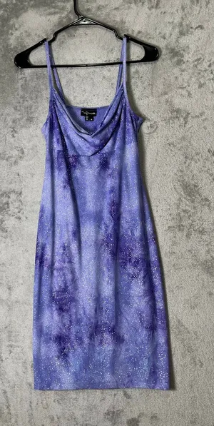 Vintage Y2K Purple Glitter Cowl Neck Mini Dress Spaghetti Strap Party Clubwear thumbnail 1