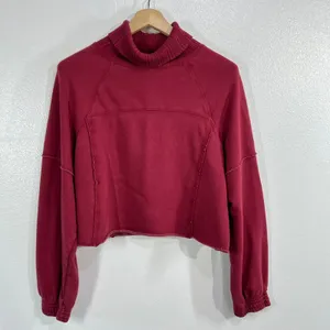 Aerie New Heights Cropped‎ Turtleneck Sweatshirt Burgundy Exposed Seam Raw Hem M thumbnail 3