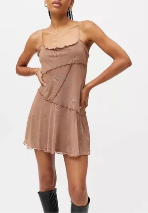 Urban Outfitters Moxie Mesh Mini Slip Dress Brown Swirl Optical Illusion Small thumbnail 1