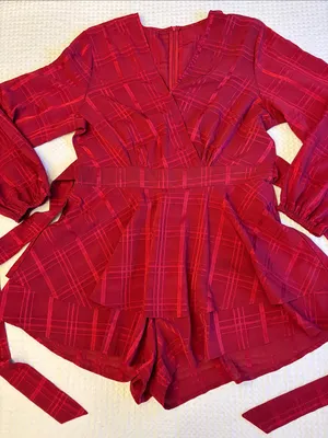 Selfie Leslie Burgundy Red V-Neck Ruffled Mini Romper thumbnail 3