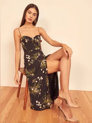 Reformation Kourtney Veuve Floral Midi Dress Black Petite 4P Tie Strap Slit thumbnail 2