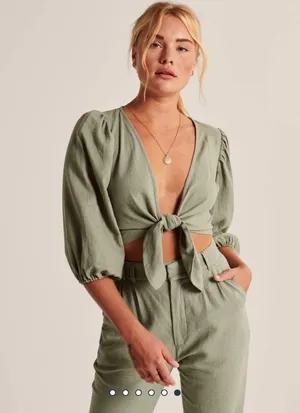 NWT Abercrombie & Fitch Sage Green Tie Front Puff Sleeve Crop Top sz Small thumbnail 1