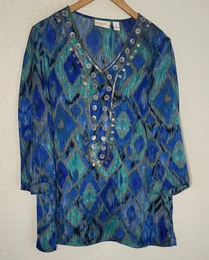 Chico’s Blue Watercolor Silver Beaded Tunic Top Party Resortwear Size 2 Large thumbnail 1