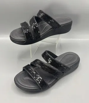 Crocs Boca Strappy Wedge Sandal Womens Black 6 Sequin Slip On Open Toe Comfort thumbnail 1