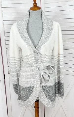 St. John's Bay Stripe Colorblock Shawl Collar Belted Cardigan Sweater Grey White thumbnail 1