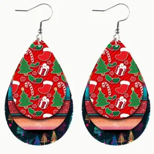 Set of 2 Christmas Teardrop Reversible PU Leather Hook Earrings C2, New! thumbnail 1