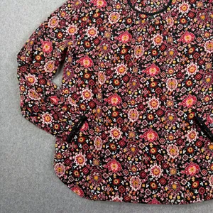 LOFT Women's Medium Black Red Pom Pom Trim Long Sleeve Blouse Top Keyhole thumbnail 6