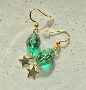boho vintage fairy whimsical style quality Czech glass moon/star beads dangle earrings🌝🌠💚⭐️ thumbnail 5