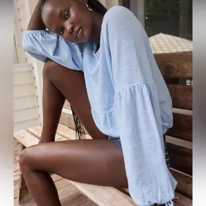 Aerie Endless Summer Cropped Sweatshirt Puff Sleeve Eyelet Blue Women’s Size XS thumbnail 2