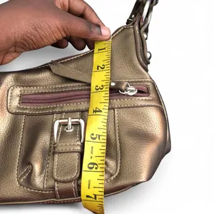Y2K Brown Gold Metallic Leather Cargo Buckles Shoulder Hobo Hand Bag Purse Satchel Top Handle O-Ring Silver Accents #Grunge #Cyber #Goth #Punk #Acubi Vintage Mcbling Preppy Measurement in pics Great condition thumbnail 7