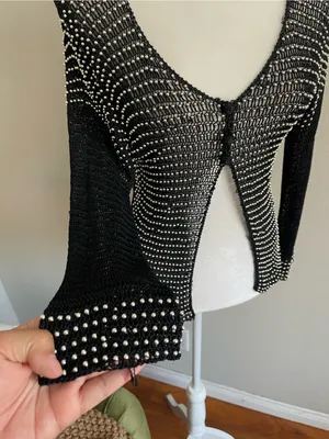 Black Open-Knit Long Sleeve Cardigan with Silver Stud Detail thumbnail 3