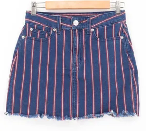 American Eagle Denim Mini Skirt Womens Blue Red Stripe Raw Hem Stretch‎ Size 2 thumbnail 1