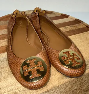Tory Burch Reva Snake Skin Embossed Ballet Scrunch Flats Logo SZ 8.5 Brown Gold thumbnail 1