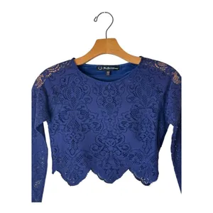 For Love & Lemons Shirt‎ Women XS Blue Long Sleeve Midnight Lace Crop Top Sexy thumbnail 5