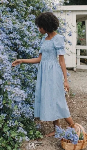 Damaris Bailey Azul Dress Smocked Puff Sleeve Midi Gingham Blue‎ Large NWT thumbnail 1