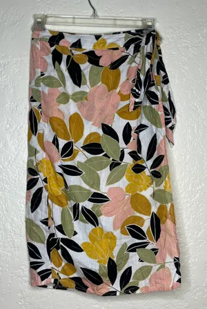 Rachel Zoe‎ 100% Linen Floral Faux Wrap Midi Skirt Pink Yellow Green Small thumbnail 1