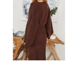 Chaining Pattern Knit Sweater and Skirt Set Brown Size L thumbnail 4