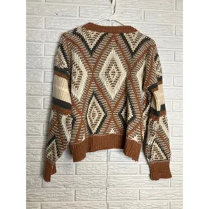 POL Sweater Womens Medium Brown Geometric‎ Diamond Knit Crochet Trim Good JST600 thumbnail 6
