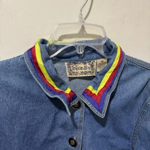 Tantrums Blue Denim Floral Embroidered Button‎ Up Jean Jacket Women's Medium VTG thumbnail 5