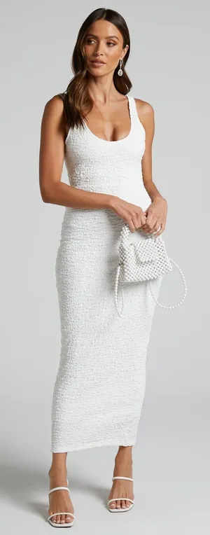 Showpo Dress Women 10 White Bodycon Textured Popcorn Midi Scoop Neck‎ Sleeveless thumbnail 1
