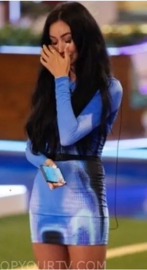 White Fox Blue Abstract Print Bodycon Mini Dress Long Sleeve Cyber Love Island L thumbnail 1
