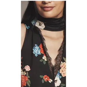 Anthropologie Black Floral Silky Halter Tank Lace Trim Sz XL Boho Romance NEW thumbnail 5