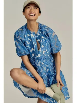 NWT Maeve by Anthropologie Tiered Jacquard Mini in Blue Organza A-line Dress XS thumbnail 6